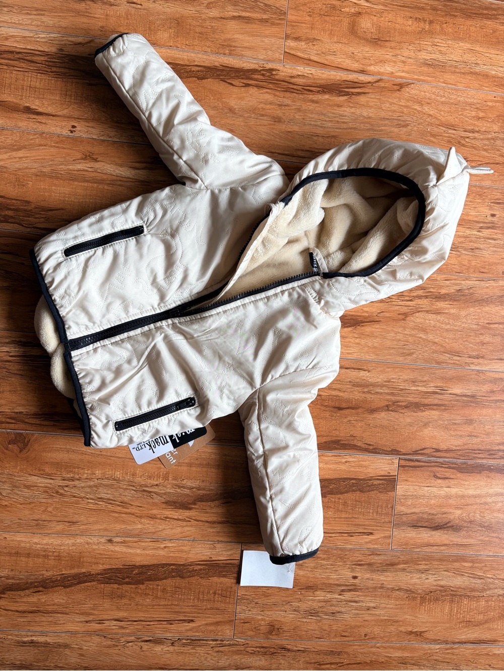 Cream Hooded Puffer Jacket with Black Trim 12-18mos